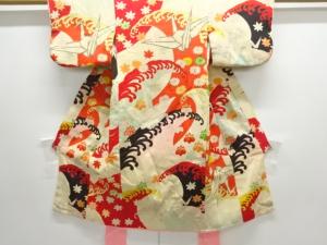 アンティーク　錦紗折鶴に波模様着物